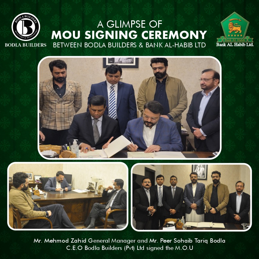 Mr. Mehmod Zahid , General Manager / Zonal Head Bank AlHabib Limited  and Mr. Peer Sohaib Tariq Bodla C.E.O  Bodla Builders (Pvt) Ltd signed the M.O.U for low cost housing project.